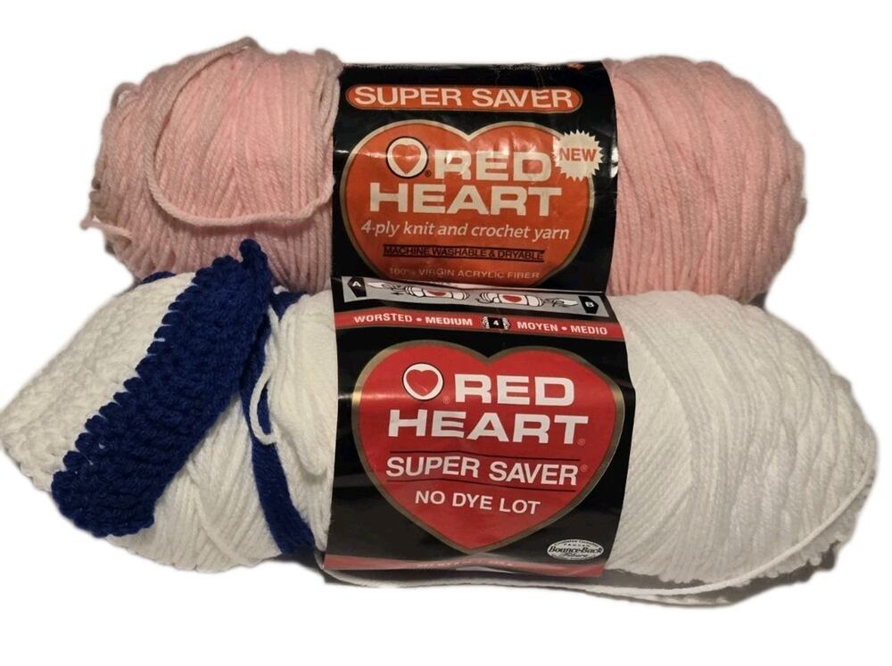 Vtg Lot of 2 Red Heart Super Saver Yarn 0311 White 373 Petal Pink No Dye Lot